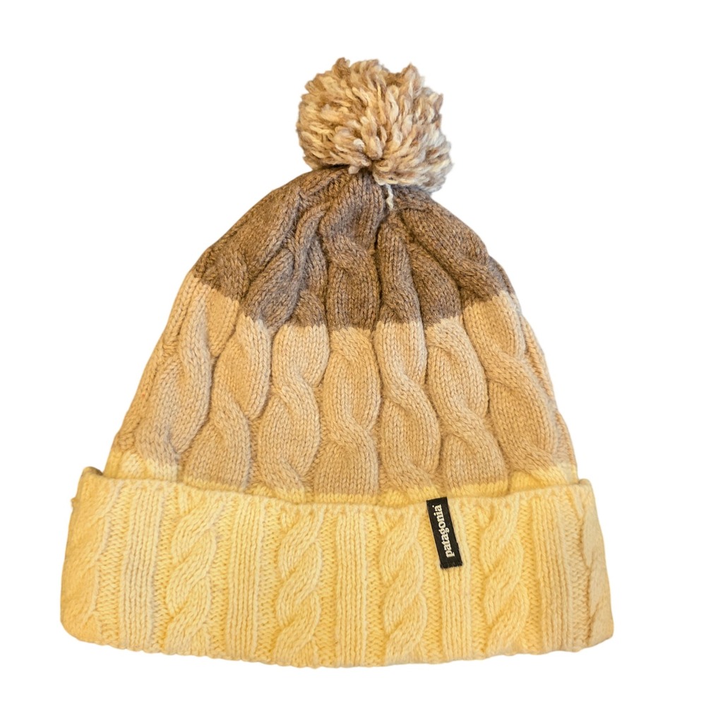 Patagonia Cable Knit Beanie Pom Pom Fleece Lined Tan Brown 28976 Winter Hat